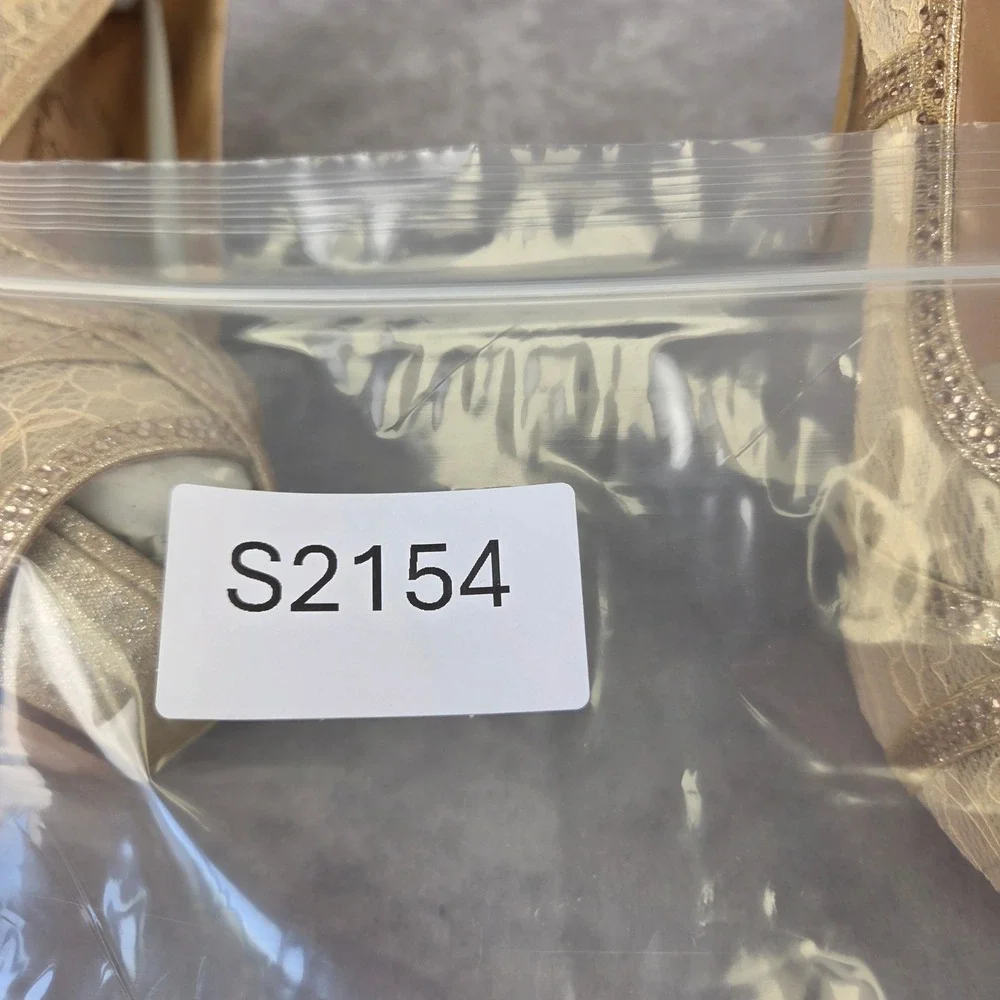 Lauren Lorraine Viv Champagne Lace Rhinestone Peep Toe Platform Pump Heels 8.5